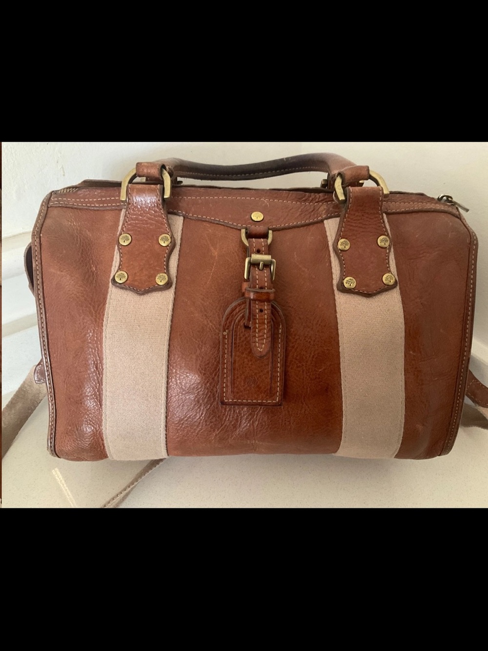 Mulberry Brown Leather and Beige Canvas Satchel - Picture 10 of 16